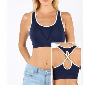 Key hole open back sports bra navy blue white trim